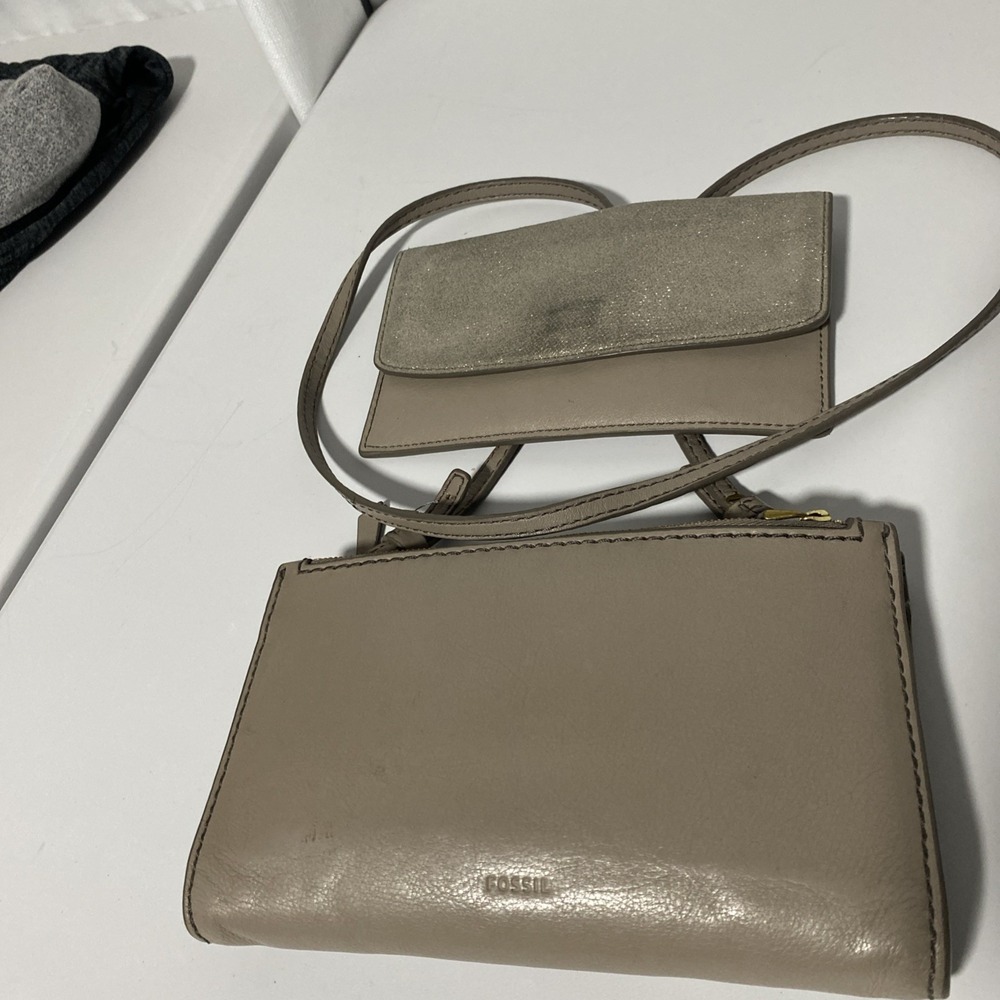 Fossil Devon Double Zip Crossbody Bag Light Tan Leather with Wallet Small